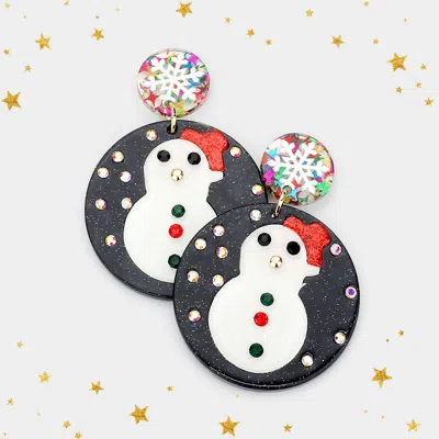 Fashnzfab Celluloid Acetate Christmas Snowman Accented Circle Dangle Earrings - Black