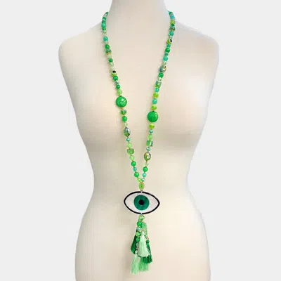 Fashnzfab Celluloid Acetate Evil Eye Accented Tassel Beaded Long Necklace In Green
