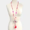 Fashnzfab Celluloid Acetate Evil Eye Accented Tassel Beaded Long Necklace In Pink