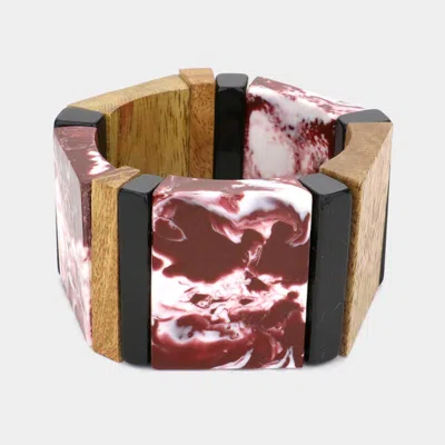 Fashnzfab Celluloid Acetate Wood Stretch Bracelet Burgundy In White