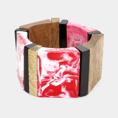 Fashnzfab Celluloid Acetate Wood Stretch Bracelet Red In Gold