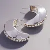 Fashnzfab Center Rhinestone Line Accented Chunky Crescent Hoop Earrings - Clear, Silver In Metallic