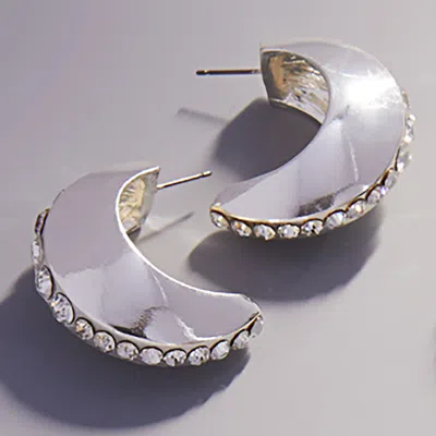 Fashnzfab Center Rhinestone Line Accented Chunky Crescent Hoop Earrings - Clear, Silver In Metallic
