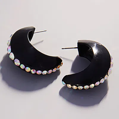Fashnzfab Center Rhinestone Line Accented Chunky Crescent Hoop Earrings In Black