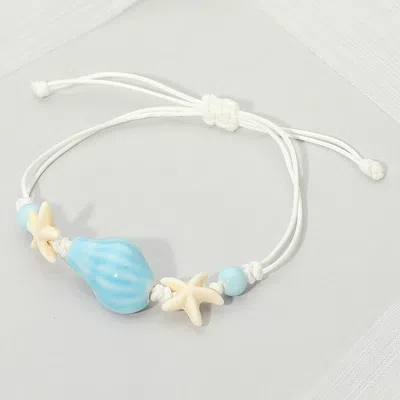 Fashnzfab Ceramic Conch Shell Starfish Beaded Adjustable Cinch Pull Tie Bracelet In Blue