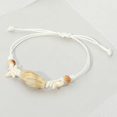 Fashnzfab Ceramic Conch Shell Starfish Beaded Adjustable Cinch Pull Tie Bracelet In Silver