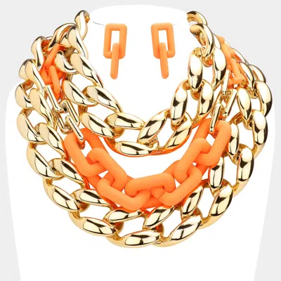 Fashnzfab Chain Colored Open Rectangle Link Triple Layered Necklace In Orange