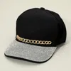 Fashnzfab Chain Detail Bling Studded Brim Baseball Cap In Black