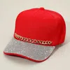 Fashnzfab Chain Detail Bling Studded Brim Baseball Cap In Red