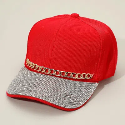 Fashnzfab Chain Detail Bling Studded Brim Baseball Cap In Red
