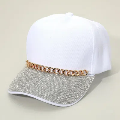 Fashnzfab Chain Detail Bling Studded Brim Baseball Cap In White