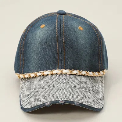 Fashnzfab Chain Detail Bling Studded Brim Denim Vintage Baseball Cap In Brown
