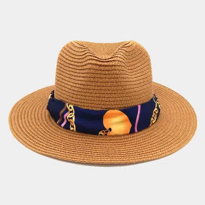 Fashnzfab Chain Printed Silk Like Fabric Band Straw Fedora Hat In Multi