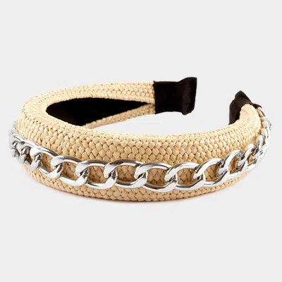 Fashnzfab Chain Trim Raffia Woven Headband In White