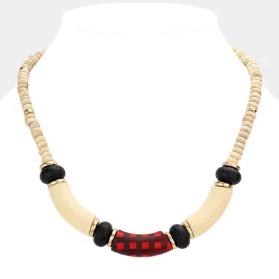 Fashnzfab Check Pattered Resin Accented Wood Beaded Necklace In Gold