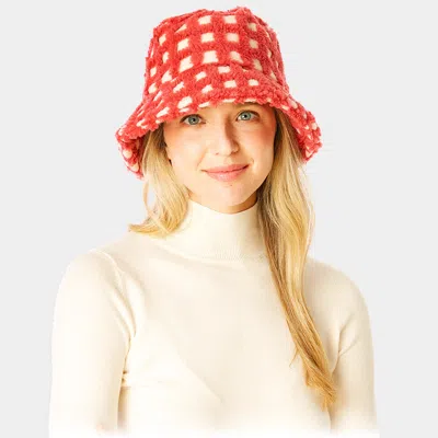 Fashnzfab Check Patterned Faux Fur Bucket Hat In Pink