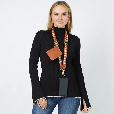 Fashnzfab Checker Clip And Carry Phone Strap With Pouch In Brown