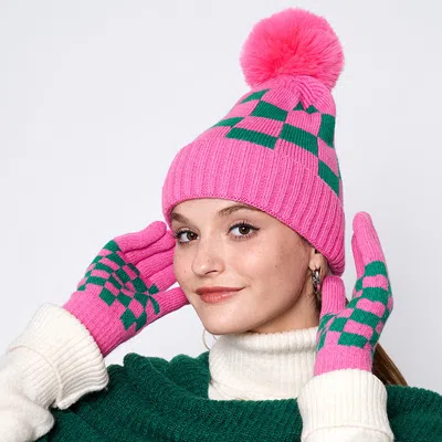 Fashnzfab Checkerboard Patterned Pom Pom Beanie Hat In Multi