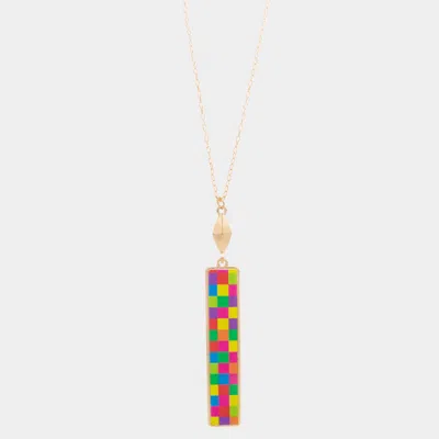 Fashnzfab Checkerboard Rectangle Pendant Long Necklace In Green
