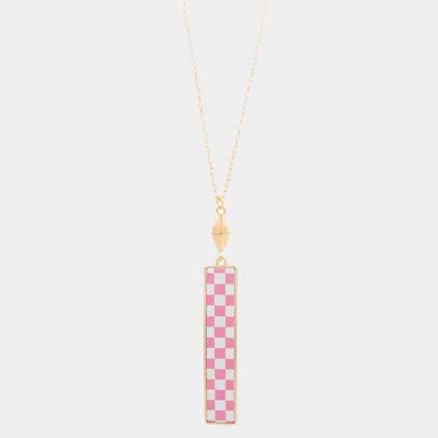 Fashnzfab Checkerboard Rectangle Pendant Long Necklace In Pink