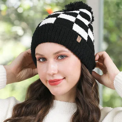 Fashnzfab Checkered Beanie With Pom Pom In Black