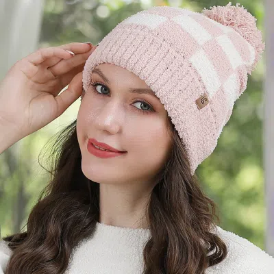 Fashnzfab Checkered Beanie With Pom Pom In Pink