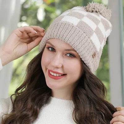 Fashnzfab Checkered Beanie With Pom Pom In Sand