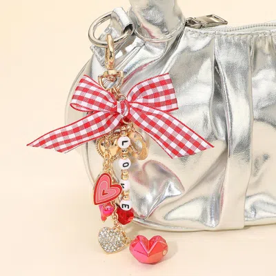 Fashnzfab Checkered Bow Accent Love Message Beaded Heart Charm Embellished Keychain Bag Charm In Multi