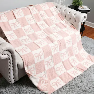 Fashnzfab Checkered Bow Patterned Reversible Throw Blanket In Pink