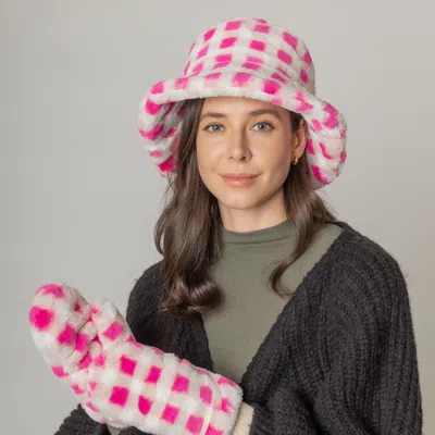 Fashnzfab Checkered Faux Fur Bucket Hat In Pink