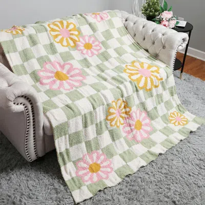 Fashnzfab Checkered Floral Patterned Reversible Throw Blanket