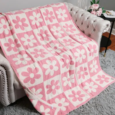 Fashnzfab Checkered Flower Patterned Reversible Throw Blanket In Pink