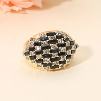 Fashnzfab Checkered Pattern Baguette Stone Embellished Chunky Stretch Ring In Gold