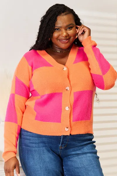 Fashnzfab Checkered V-neck Dropped Shoulder Cardigan In Pink