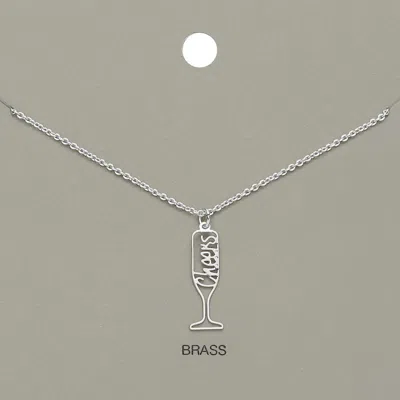 Fashnzfab Cheers Message Wine Glass Brass Metal Pendant Necklace In Silver