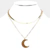 Fashnzfab Cheetah Patterned Genuine Leather Crescent Moon Pendant Double Layered Necklace In Gold