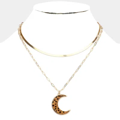 Fashnzfab Cheetah Patterned Genuine Leather Crescent Moon Pendant Double Layered Necklace In Gold