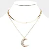 Fashnzfab Cheetah Patterned Genuine Leather Crescent Moon Pendant Double Layered Necklace In Multi