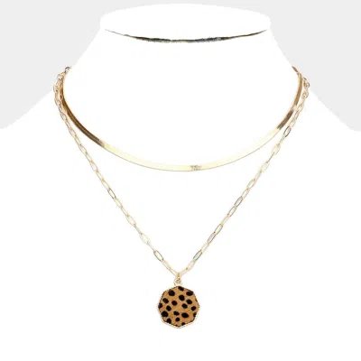 Fashnzfab Cheetah Patterned Genuine Leather Octagon Pendant Double Layered Necklace In Brown