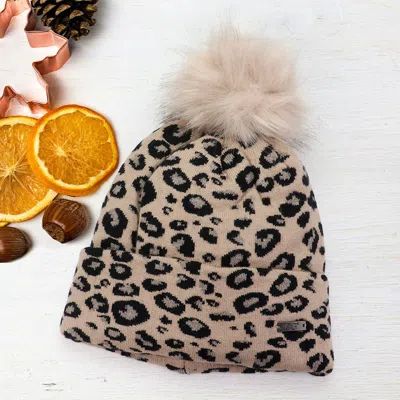 Fashnzfab Cheetah Print Double Layered Pom Pom Beanie Hat In Sand
