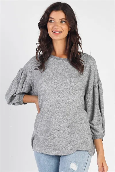Fashnzfab Cherish Apparel Drop Shoulder Puff Sleeve Top In Grey