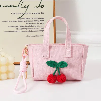 Fashnzfab Cherry Charm Mini Canvas Tote Bag Keychain Bag Charm In Pink