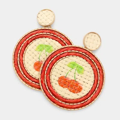 Fashnzfab Cherry Detail Straw Earrings In Red