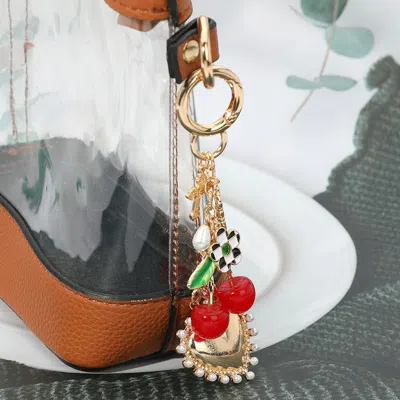 Fashnzfab Cherry Pearl Heart Key Cross Flower Charm Embellished Keychain / Bag Charm In Gold