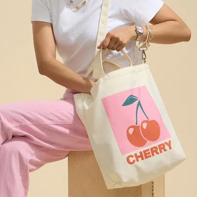 Fashnzfab Cherry Printed Top Handle Canvas Bag / Crossbody Bag In Pink