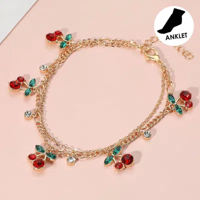Fashnzfab Cherry Stone Cluster Charm Station Anklet - Gold In Green