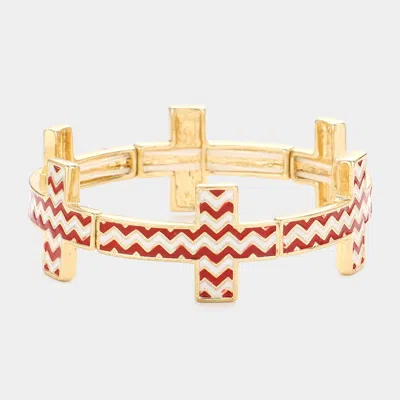Fashnzfab Chevron Cross Stretch Bracelet Gold, Red In Multi