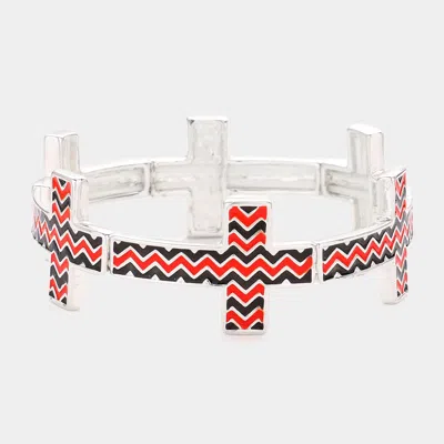 Fashnzfab Chevron Cross Stretch Bracelet Jet Black, Red, Silver In Multi