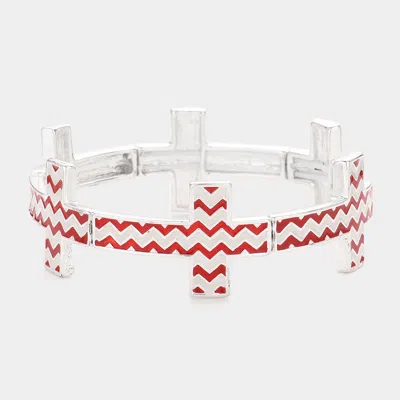 Fashnzfab Chevron Cross Stretch Bracelet Red, Silver In Multi