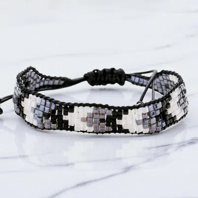 Fashnzfab Chevron Pattern Cube Beaded Adjustable Cinch Pull Tie Bracelet In Black